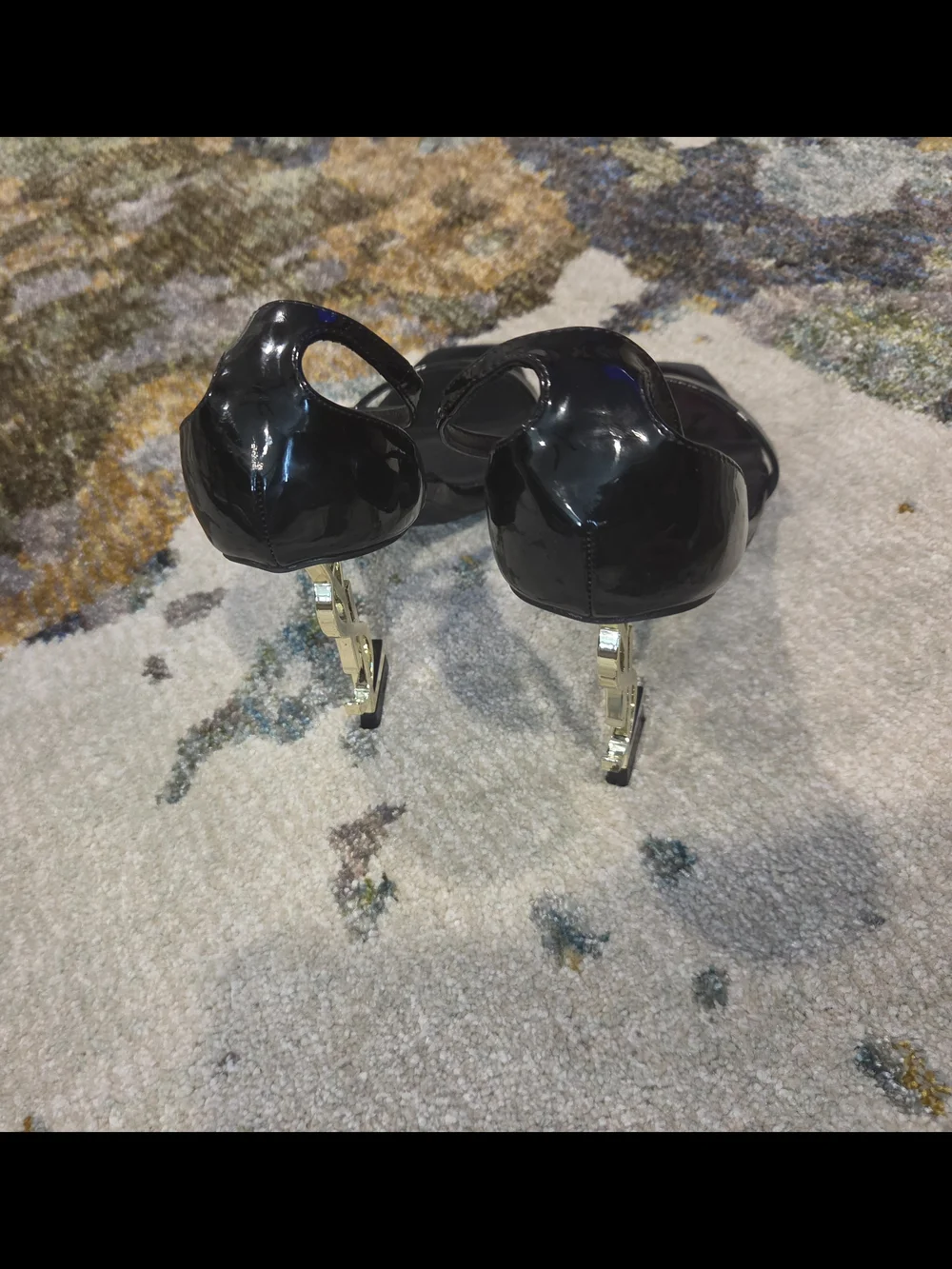 Yves Saint Laurent Black Patent Sandals w/Gold YSL Heels